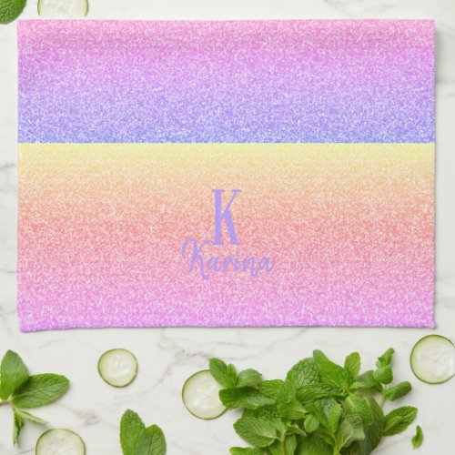 Monogrammed girly glitter pastel rainbow  kitchen towel