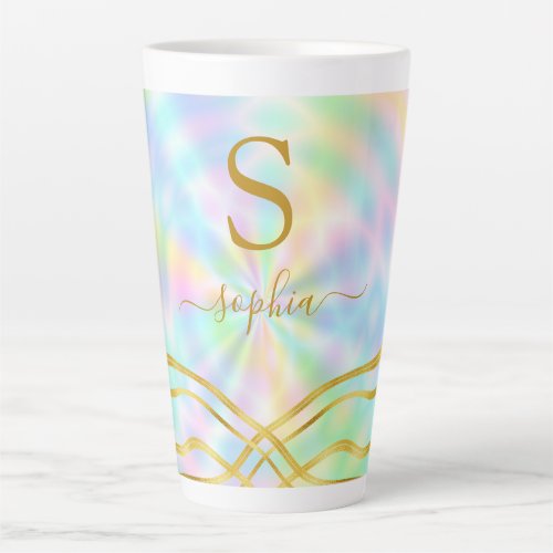 Monogrammed Girly Holographic Unicorn Rainbow Latte Mug