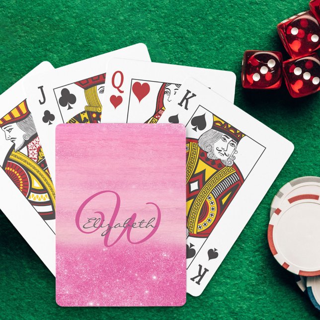 Monogrammed Girly Hot Pink Ombre Shimmer Poker Cards (Creator Uploaded)