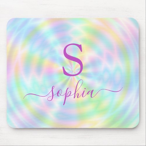 Monogrammed Girly Iridescent Holographic Mouse Pad