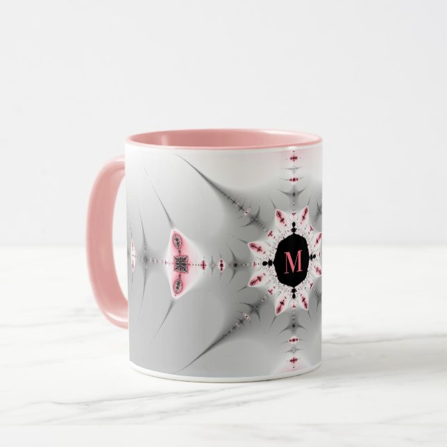 Monogrammed Girly Pink and Silver Fractal Mug (Front Left)