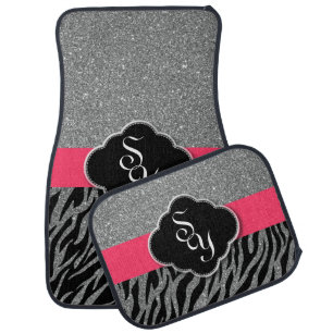 Monogrammed Girly Pink Glitter Zebra Animal Print Car Floor Mat