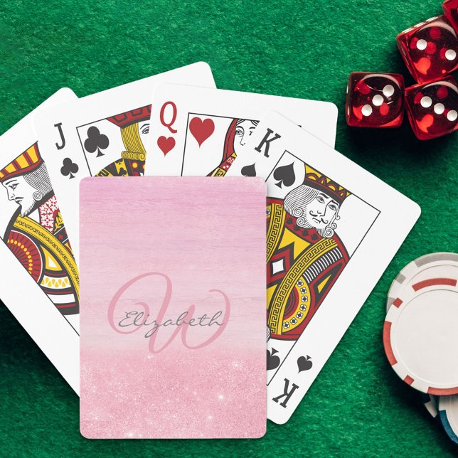 Monogrammed Girly Pink Ombre Shimmer Poker Cards (Creator Uploaded)