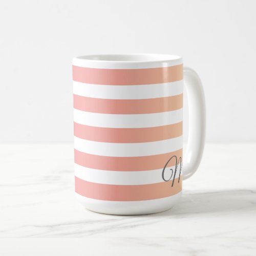 Monogrammed Girly Pink Peach Gradient Stripes Coffee Mug