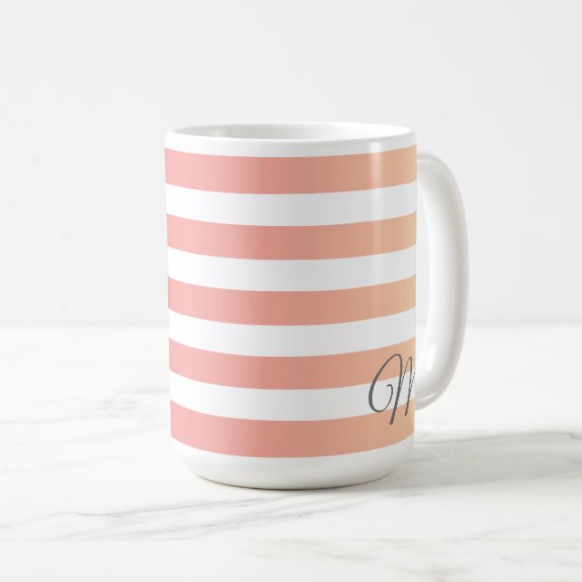 Monogrammed Girly Pink Peach Gradient Stripes Coffee Mug (Front Right)