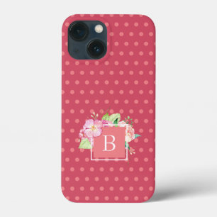 Monogrammed Girly Pink & Pink Coral Floral iPhone 13 Mini Case