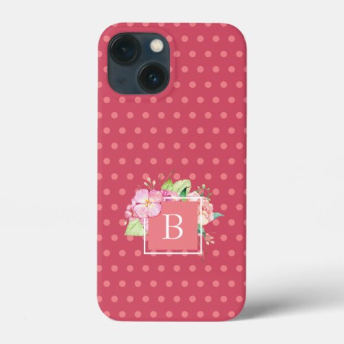 Monogrammed Girly Pink  Pink Coral Floral iPhone 13 Mini Case