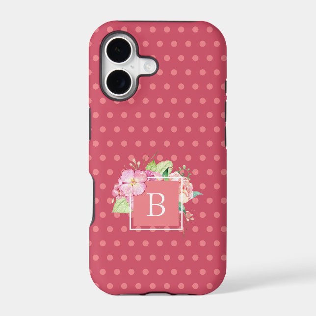 Monogrammed Girly Pink & Pink Coral Floral Case-Mate iPhone Case (Back)