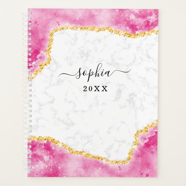Monogrammed Glam Marble Pink Gold Glitter Planner (Front)
