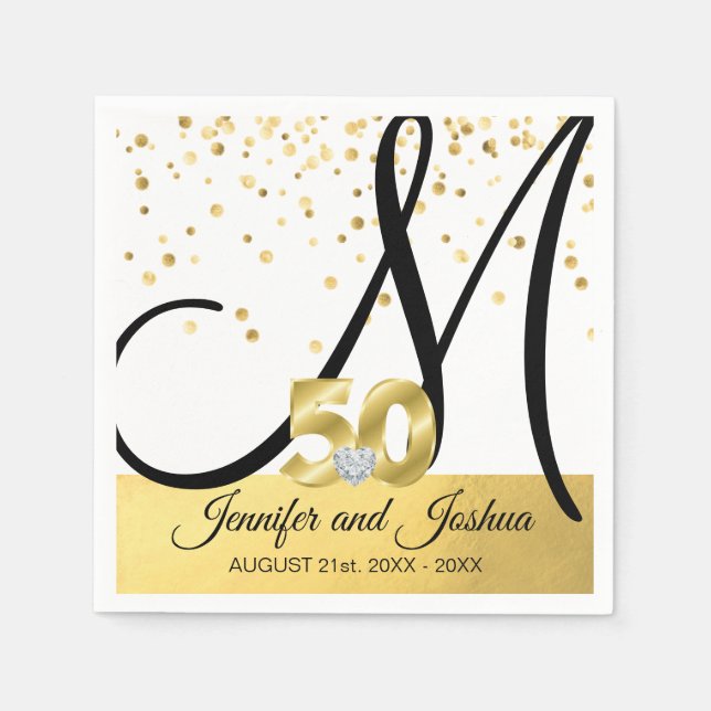 Monogrammed Gold 50th Wedding Anniversary Napkins (Front)