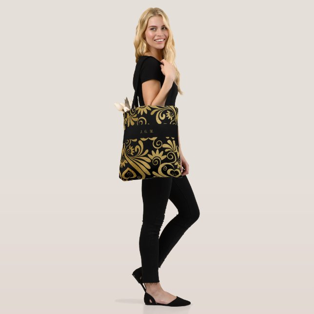 Monogrammed Gold and Black Elegant Swirls Tote Bag (On Model)