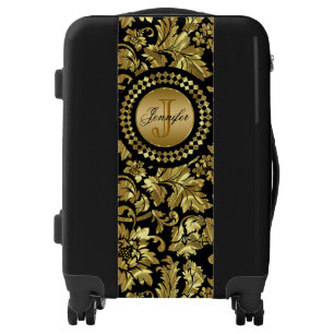 Monogrammed Gold And Black Floral Damask Luggage