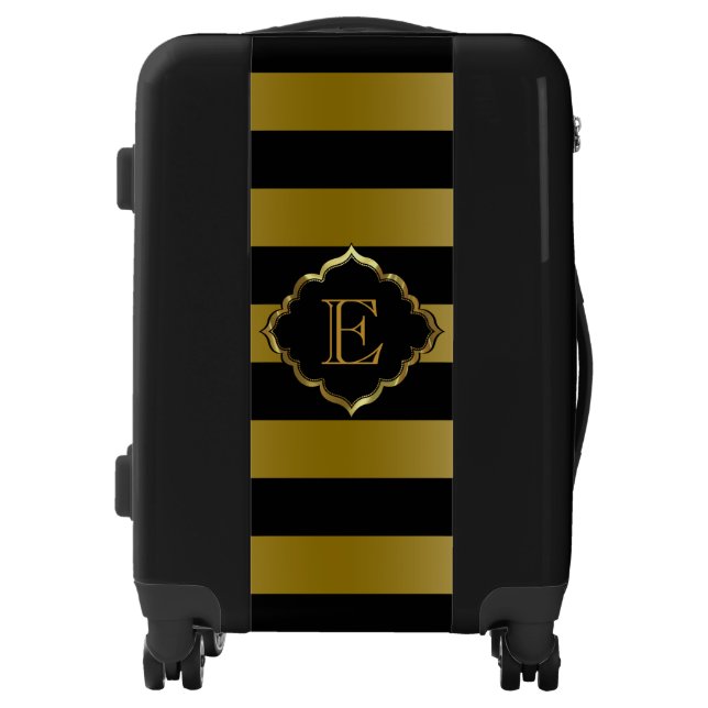 Monogrammed Gold And Black Stripes Luggage (Front)