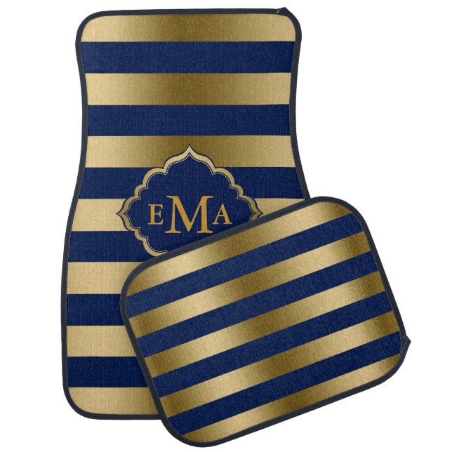 Monogrammed Gold And Blue Stripes Car Mat (Set)