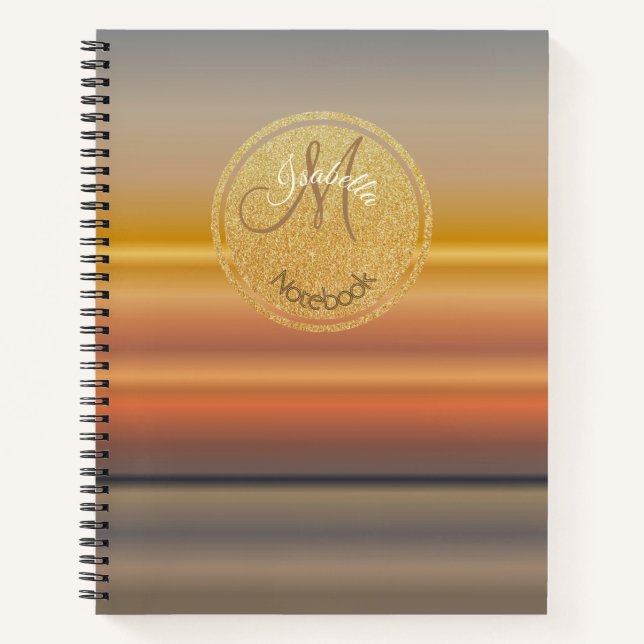Monogrammed Gold And Gray Sunset Linear Gradients Notebook (Front)