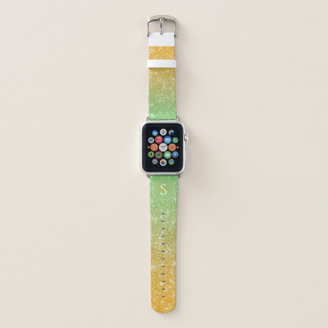 Monogrammed Gold and Green Ombre Faux Glitter Apple Watch Band (Front)