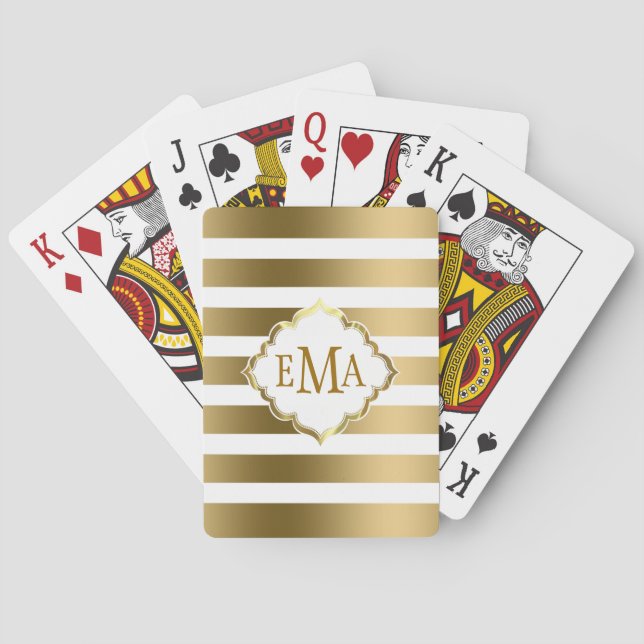 Monogrammed Gold And White Geometric Stripes Poker Cards (Back)