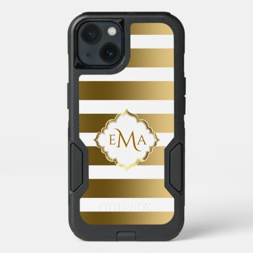 Monogrammed Gold And White Stripes iPhone 13 Case