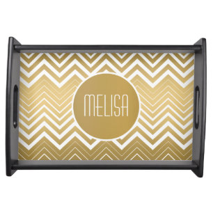 Monogrammed Gold And White Zigzag Chevron Serving Tray