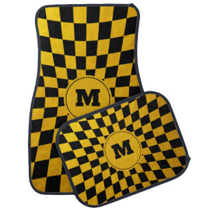 Monogrammed Gold & Black Checked /retro racing car Floor Mat
