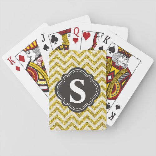 Monogrammed Gold  Black Faux Glitter Chevron  Poker Cards