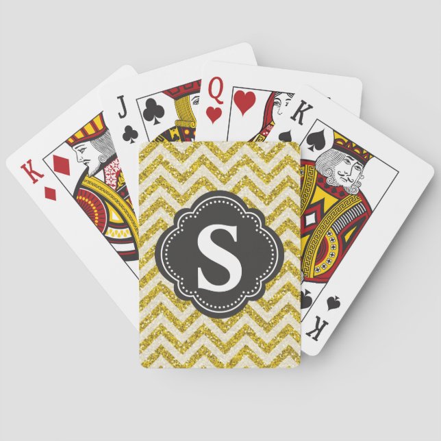 Monogrammed Gold & Black Faux Glitter Chevron | Poker Cards (Back)