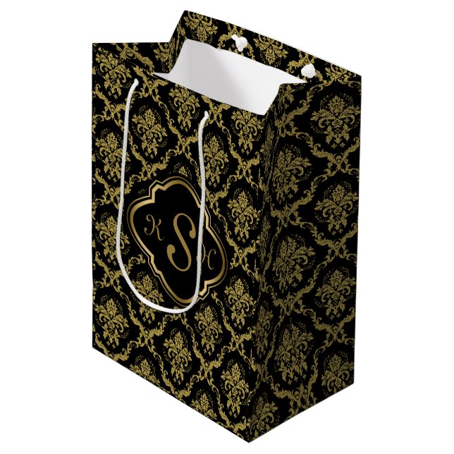 Monogrammed Gold & Black Floral Damasks Pattern Medium Gift Bag (Front Angled)