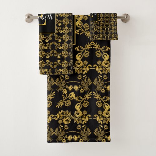 Monogrammed Gold  black Floral print pattern Bath Towel Set