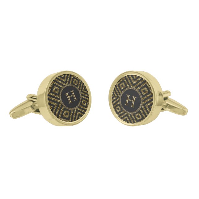 Monogrammed Gold & Black Modern Geometric Design Gold Cufflinks (Angled)