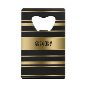 Monogrammed Gold & Black Stripes Pattern Credit Card Bottle Opener
