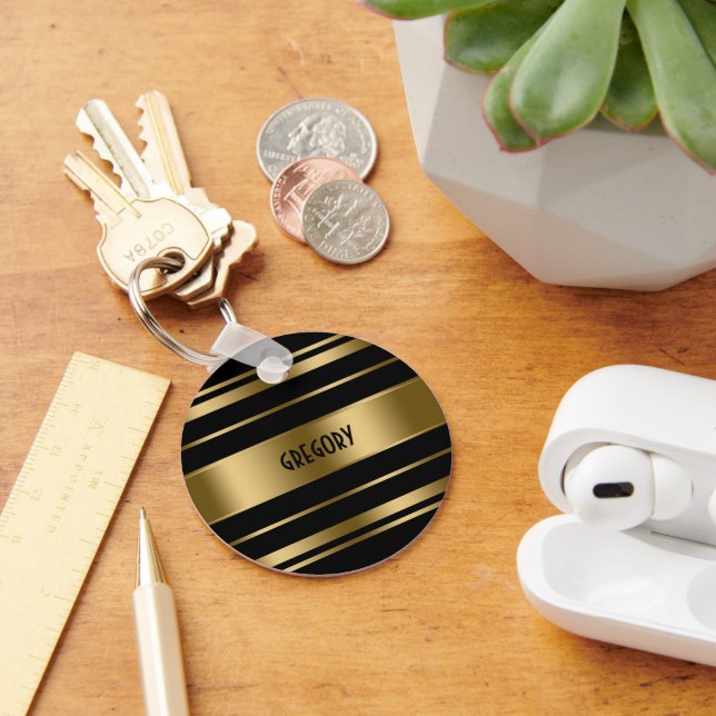 Monogrammed Gold & Black Stripes Pattern Keychain (Desk)