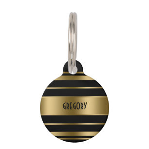Monogrammed Gold & Black Stripes Pattern Pet ID Tag