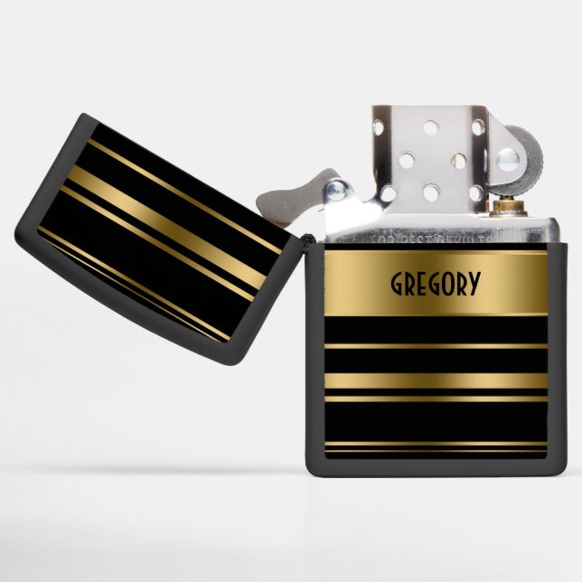 Monogrammed Gold & Black Stripes Pattern Zippo Lighter (Opened)