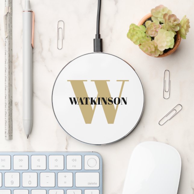 Monogrammed gold black white name initial modern wireless charger  (Desk)