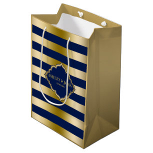 Monogrammed Gold & Blue Stripes Pattern Medium Gift Bag