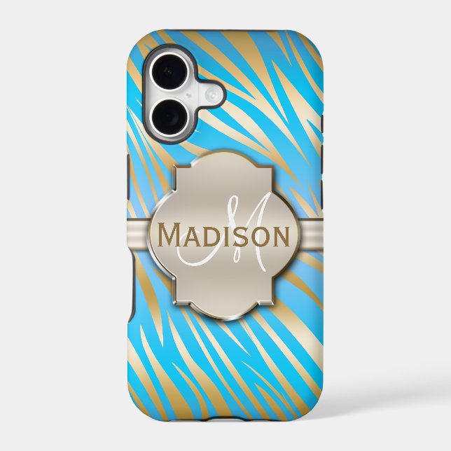 Monogrammed Gold Blue Zebra Print Pattern Iphone Case (Back)