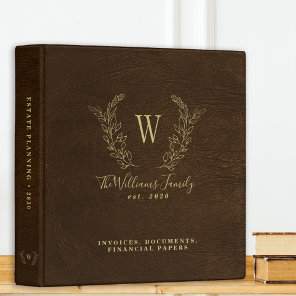 Monogrammed gold brown leather estate planning 3 ring binder