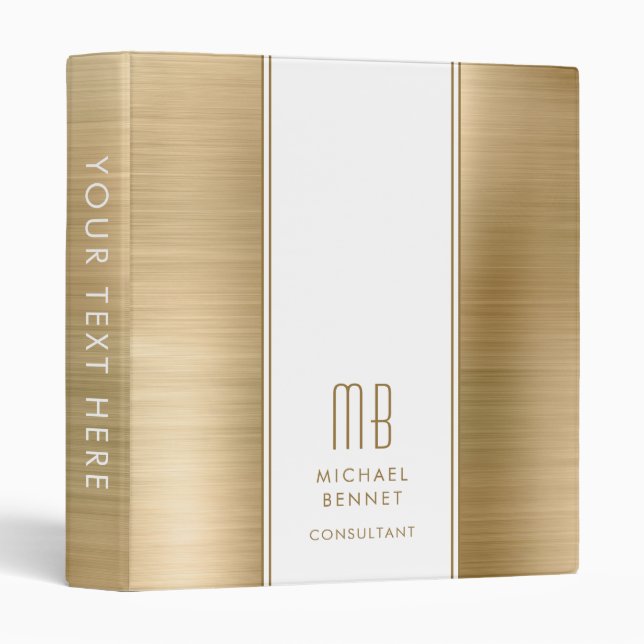 Monogrammed Gold Brushed Metal 3 Ring Binder (Front/Spine)