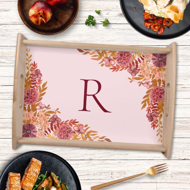 Monogrammed Gold Burgundy Fall Floral Serving Tray (In situ)