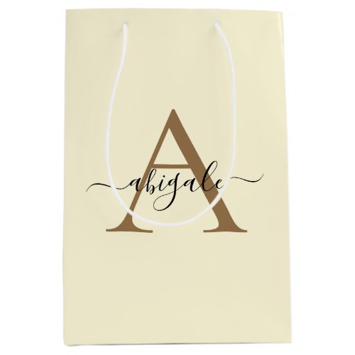 Monogrammed Gold Cream White  Minimal Elegant Medium Gift Bag
