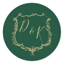 Monogrammed Gold Crest and Forest Green Wedding Classic Round Sticker