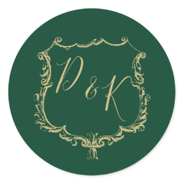 Monogrammed Gold Crest and Forest Green Wedding Classic Round Sticker