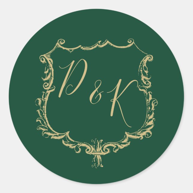 Monogrammed Gold Crest and Forest Green Wedding Classic Round Sticker (Front)