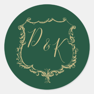 Monogrammed Gold Crest and Forest Green Wedding Classic Round Sticker