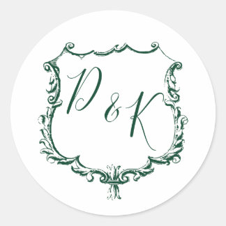 Monogrammed Gold Crest and Forest Green Wedding Classic Round Sticker