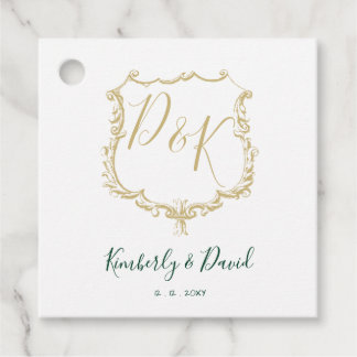 Monogrammed Gold Crest and Forest Green Wedding Favor Tags