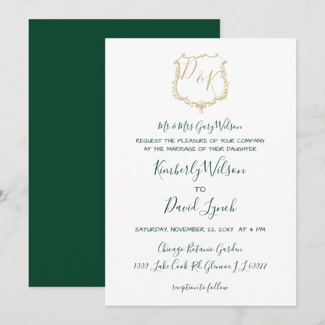 Monogrammed Gold Crest and Forest Green Wedding Invitation (Front/Back)
