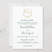 Monogrammed Gold Crest and Forest Green Wedding Invitation (Front)