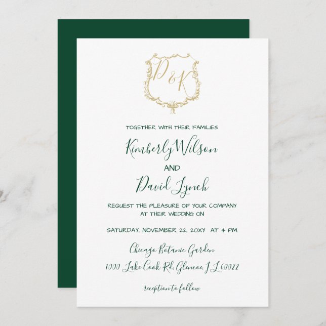 Monogrammed Gold Crest and Forest Green Wedding Invitation (Front/Back)