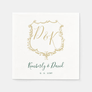 Monogrammed Gold Crest and Forest Green Wedding Napkins